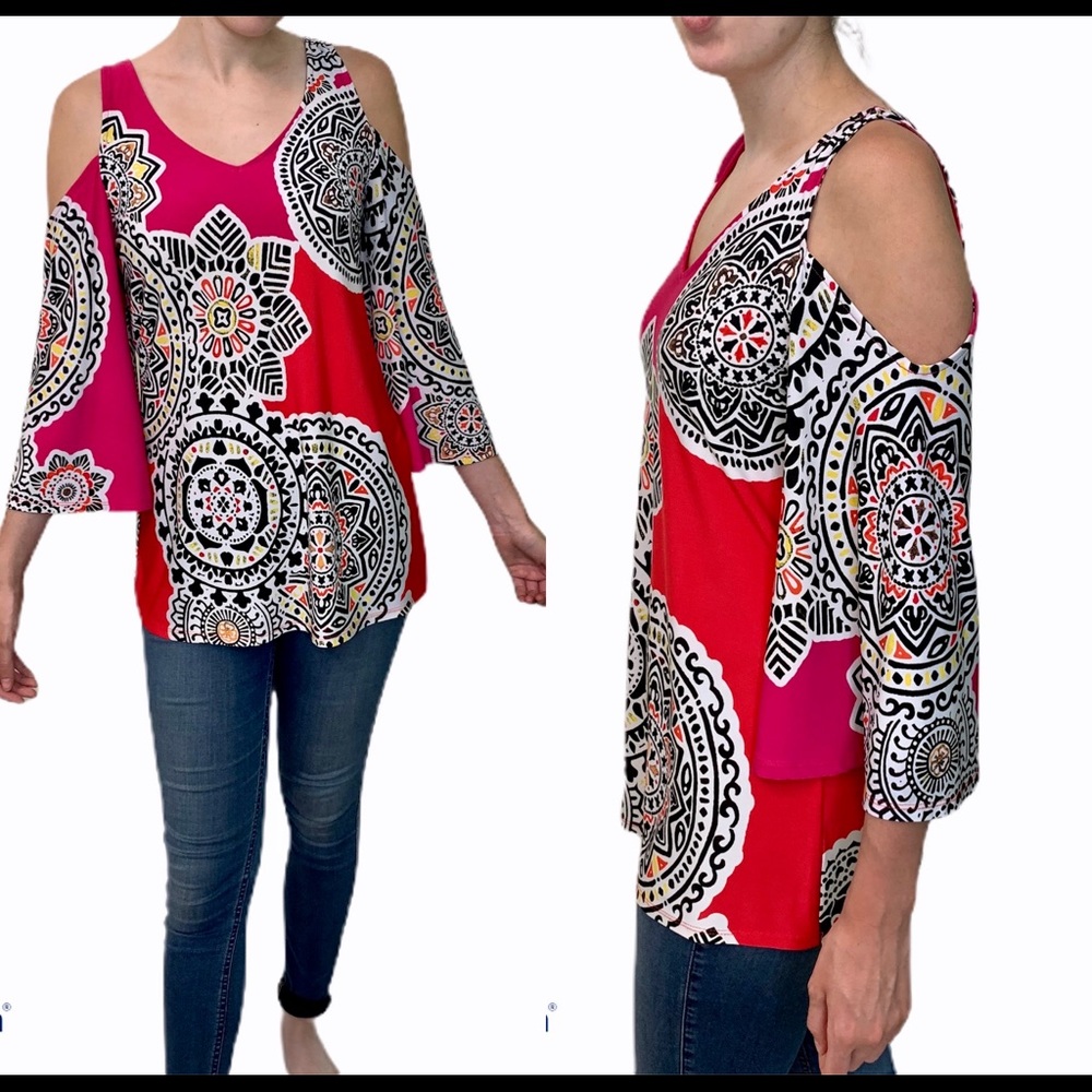 Cocoa Blanco Retro Cold Shoulder Boho Blouse Multicolor